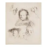 Studies of the Head of Saskia and Others (Barstch, Hollstein 365, Hind 145, New Hollstein 157) by Rembrandt Harmensz van Rijn, 1636, Etching on laid paper, New Hollstein's first state (of 2), without the scratches, trimmed to the platemark or with tread, sold Oct 2025