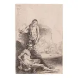 Male, Nude, Seated and Standing ('Het Rolwagentje') (Bartsch, Hollstein 194, Hind 222, New Hollstein 233) by Rembrandt Harmensz van Rijn, c. 1646, sold Oct 2025