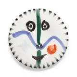 Visage no. 111 (Ramié 476) by Pablo Picasso, 1963, Glazed white earthenware clay round plate painted in blue, green, red and black, sold Oct 2025