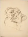 Käthe Kollwitz, Mutter, Säugling an ihr Gesicht drückend, 1925, Kohle auf Bütten (Wasserzeichen: MBM (France))