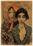 Otto Mueller, Zwei Zigeunerinnen (Zigeunermutter mit Tochter), 1926, Farblithographie auf bräunlichem Papier, vom Künstler partiell mit gelblich-bräunlicher Deckfarbe überarbeitet