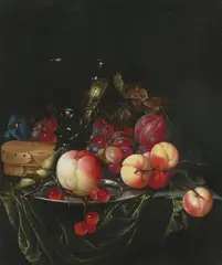 Cornelis de Heem, Stillleben mit Pfirsichen, Trauben und Pflaumen, Öl auf Leinwand. Doubliert