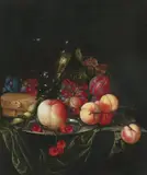 Cornelis de Heem, Stillleben mit Pfirsichen, Trauben und Pflaumen, Öl auf Leinwand. Doubliert