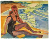 Max Pechstein, Am Meeresstrand“ (Marta Pechstein), 1923, Aquarell über Kreide auf Velin