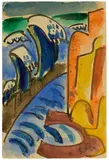 Sturmflut in Jershöft“. 1921 (?) by Karl Schmidt-Rottluff, Aquarell über Tuschfeder auf leichtem Karton (Postkarte), sold May 2019