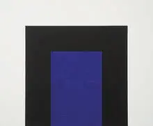 Mary Corse, Untitled (White, Black, Blue Double Arch), 2000, Acrylic and glass microspheres on canvas