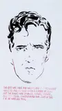 The Left Eye Was Large and Watery (Self-Portrait) by Raymond Pettibon, 1990, Red and black ink and pen on paper, sold Mar 2015