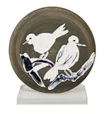 Two Birds no. 95 by Pablo Picasso, 1963, Round plate of white earthenware clay, engobe decoration under partial brushed glaze, black patina, sold Mar 2015