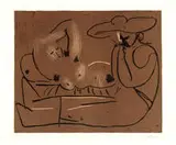 Femme Couchee et Homme au Grand Chapeau by Pablo Picasso, Color linocut print on Arches paper, sold Mar 2015