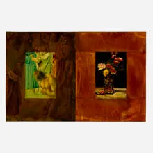 David Bierk, A Distant Light, To Masaccio and Manet, 1999, oil on inkjet photo on canvas, oil on canvas and rusted iron on board