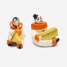 Czechoslovakian, Clown Musicians bookends, pair, c. 1940, glazed porcelain