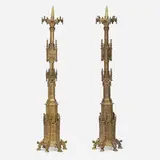 Augustus Welby Northmore Pugin, Gothic Revival candle stands, pair, c. 1895, patinated brass