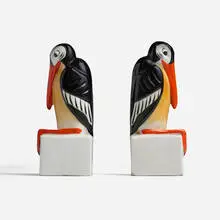Art Déco, Bookends with stylized storks, pair, c. 1930, painted porcelain