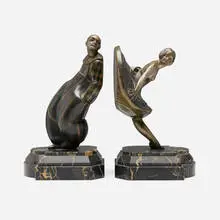 Alexandre Kelety, Pierrot and Dancer bookends, pair, c. 1940, patinated bronze, stone