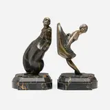 Alexandre Kelety, Pierrot and Dancer bookends, pair, c. 1940, patinated bronze, stone