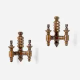 Charles Dudouyt, Wall sconces, pair, c. 1945, oak