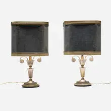 Gaetano Sciolari, Early table lamps, pair, c. 1955, nickel-plated brass, steel, velvet