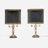 Gaetano Sciolari, Early table lamps, pair, c. 1955, nickel-plated brass, steel, velvet