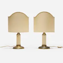 Tommaso Barbi, Table lamps, pair, c. 1975, glass, brass, linen shade