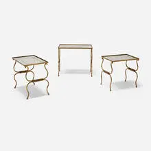 attribution René Drouet, Nesting tables, set of three, c. 1945, gilt iron, mirrored glass