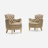 attribution René Prou, Armchairs, pair, c. 1940, satin upholstery, birch