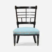 Edward William Godwin, Aesthetic Movement chair, c. 1880, upholstery, lacquered wood, bronze casters