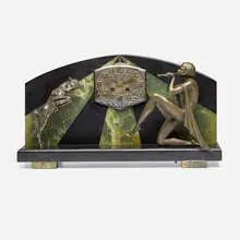 Art Déco, Piper and Fawn mantel clock, c. 1925, patinated metal, polished slate, onyx