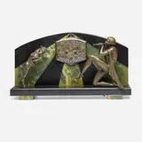 Art Déco, Piper and Fawn mantel clock, c. 1925, patinated metal, polished slate, onyx