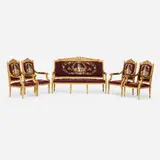 Louis Xvi Style, Parlor suite with a courting scene, gilded wood, needlepoint upholstery, velvet upholstery