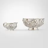 Arthur & Bond, Footed bowl and creamer with iris