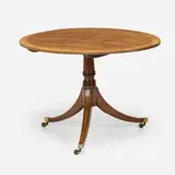 Regency, Tilt-top table, c. 1830, mahogany, walnut, mixed wood inlay, brass, casters