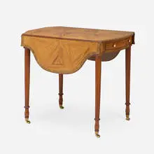 George III, Inlaid Pembroke table, c. 1790, mahogany, walnut, mixed wood inlay, brass, casters, bone
