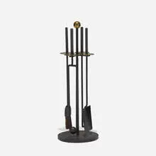 Mel Bogart, fireplace accessories, c. 1955, cast iron, brass, rattan