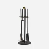 Mel Bogart, fireplace accessories, c. 1955, cast iron, brass, rattan