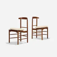 dining chairs, pair by Greta Magnusson Grossman, c. 1952, walnut, upholstery, sold Sep 2016