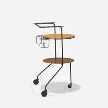 Tony Paul, bar cart, c. 1950, birch plywood, iron, glass