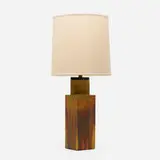 table lamp by Marcello Fantoni, c. 1955, glazed stoneware, linen, lacquered wood, sold Jul 2016