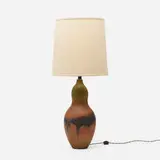table lamp by Marcello Fantoni, c. 1955, glazed stoneware, linen, sold Jul 2016
