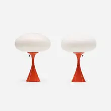 Mushroom table lamps, pair by Laurel Lamp Co., c. 1965, enameled aluminum, frosted glass, sold Jul 2016