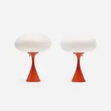 Laurel Lamp Co., Mushroom table lamps, pair, c. 1965, enameled aluminum, frosted glass