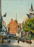 Rue Moffetard Eglise St. Medard by Marc P. Megevand, 1928, watercolor on paper, offered Feb 2021