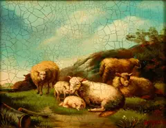 Irwin John David Bevan, Sheep Resting in a Classical Landscape, oil on canvas