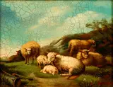 Sheep Resting in a Classical Landscape by Irwin John David Bevan, oil on canvas, offered Feb 2021