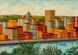 View of Pittsburgh from Mt Washington by R. J. Sogwitz, 1969, oil on canvasboard, offered Feb 2021