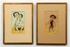 Mhire Barrientos, Pair of works: Child Playing and Mother with Child, both signed, ink drawings with brushed paint, each one