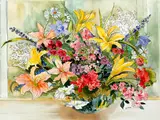 Still Life of Flowers in a Pot, 1980's by R. P. Hess, watercolor and ink, offered Feb 2021