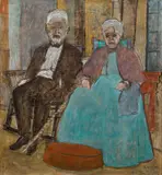 Seated Couple by Knorth, 1960, acrylic and mixed media on masonite panel, offered Feb 2021