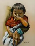 Little Native American Boy, color by Guy Nez Jr., pencil on grey paper, offered Feb 2021