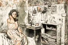 Ruth Weisberg, Giacometti's Room, 1989, etching and aquatint printed in colors, pencil