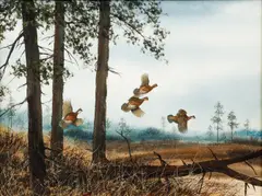 David Hagerbaumer, Quail, A Covey Rise, 1963, watercolor on Arches paper with deckled bottom edge